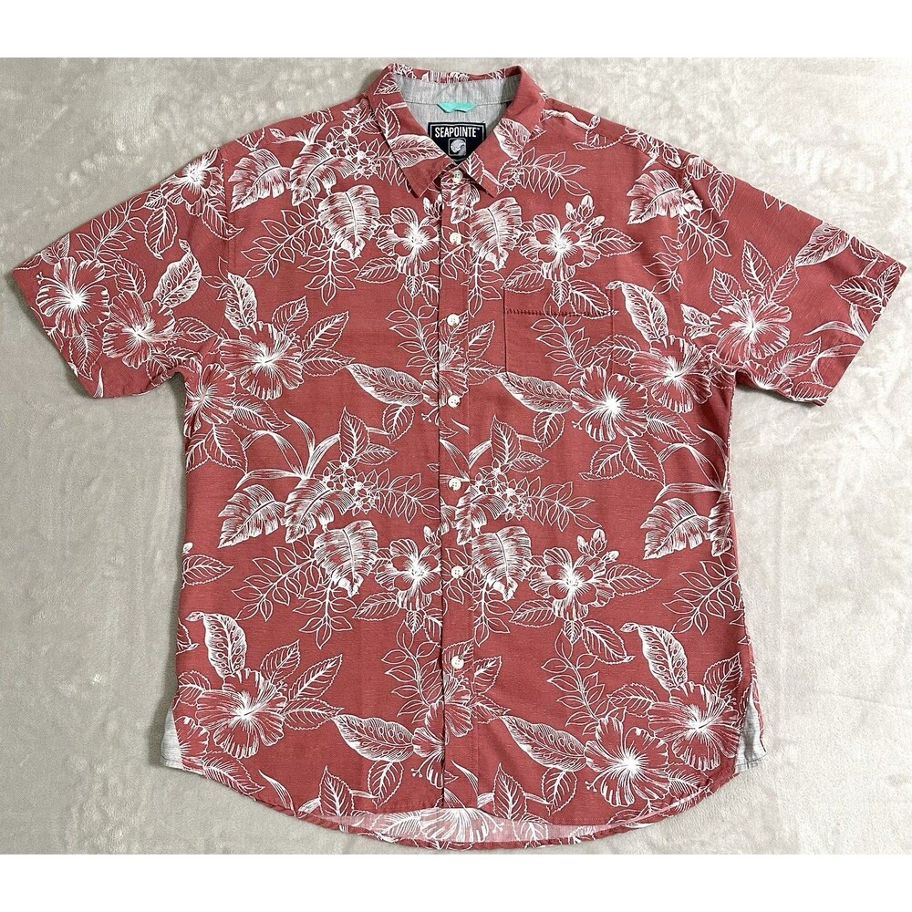 Seapointe Men's Large Coral Orange Hibiscus Floral Resort Beach Alva Camp Shirt